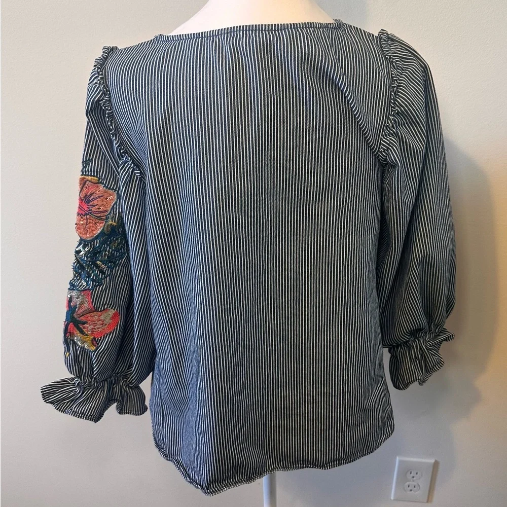 Zara Embroidered Denim Striped Balloon Sleeve Top Size Small - Picture 4 of 6
